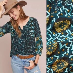 Stella Forest Dark Teal Embroidered LS Blouse | Size T 36 (French)/ Small (US)